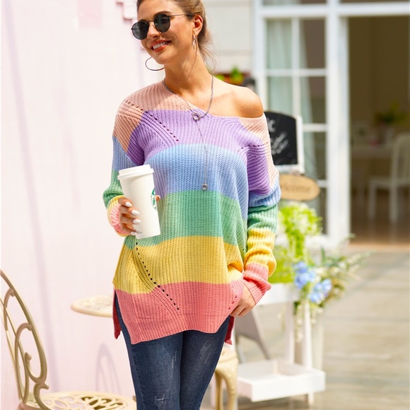 🌈🍁Rainbow Color V Neck Loose Sweater - Picture 4 of 5